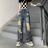 Yipinpay Hole Boyfriend High Waist Women's Wide Leg Baggy Jeans Woman Streetwear Vintage Denim Trouser Fairy Grunge Alt Clothes