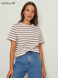 Yipinpay Street Women Stripe Basic Tee Shirts O-Neck Casual Print Loose Cotton Tops Short Sleeve Summer 2023 Fashion T-Shirt