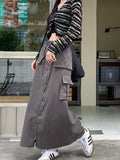 Yipinpay Cargo Skirt Long Women Vintage Harajuku High Waist Pocket Patchwork Zipper Split Grunge Straight Skirt Y2k Streetwear