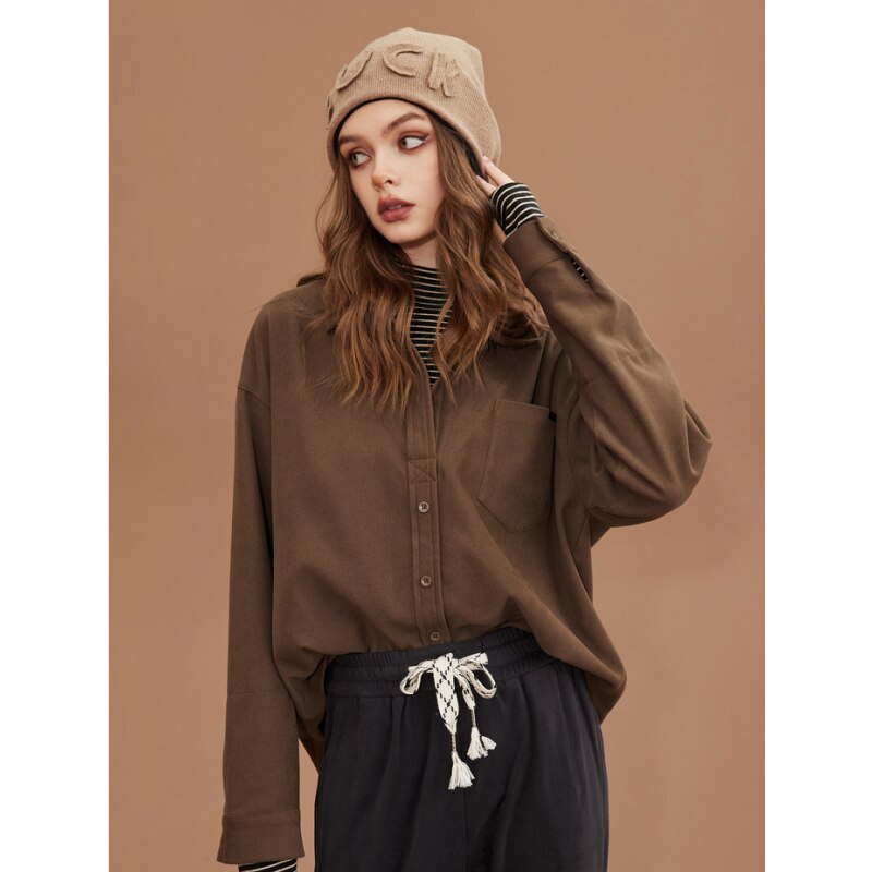 yipinpay Women's Clothing Shirt Spring Brown Shirt Fake Two Pieces Corduroy Fashion Vintage Female Long Sleeve Chic Casual Blouse Tops