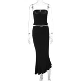 Yipinpay Women Summer Skirts Outfits Lace Patchwork Bow Strapless Backless Tube Tops Irregular Ruffles Long Skirt 2 Pieces Set