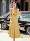 Yipinpay Elegant Sling Satin Dresses For Women Summer Sleeveless Folds Purple Long Dress Vestidos