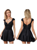 Yipinpay Women Vintage Short Sleeve Casual Solid Color V Neck Backless Party A-Line Mini Corset Dress Beach Summer Streetwear