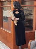 Yipinpay Black Velvet Midi Dress Women Sexy Hollow Out Sequins Design Y2k Dress Vintage Casual Evening Party Dress 2023 Autumn
