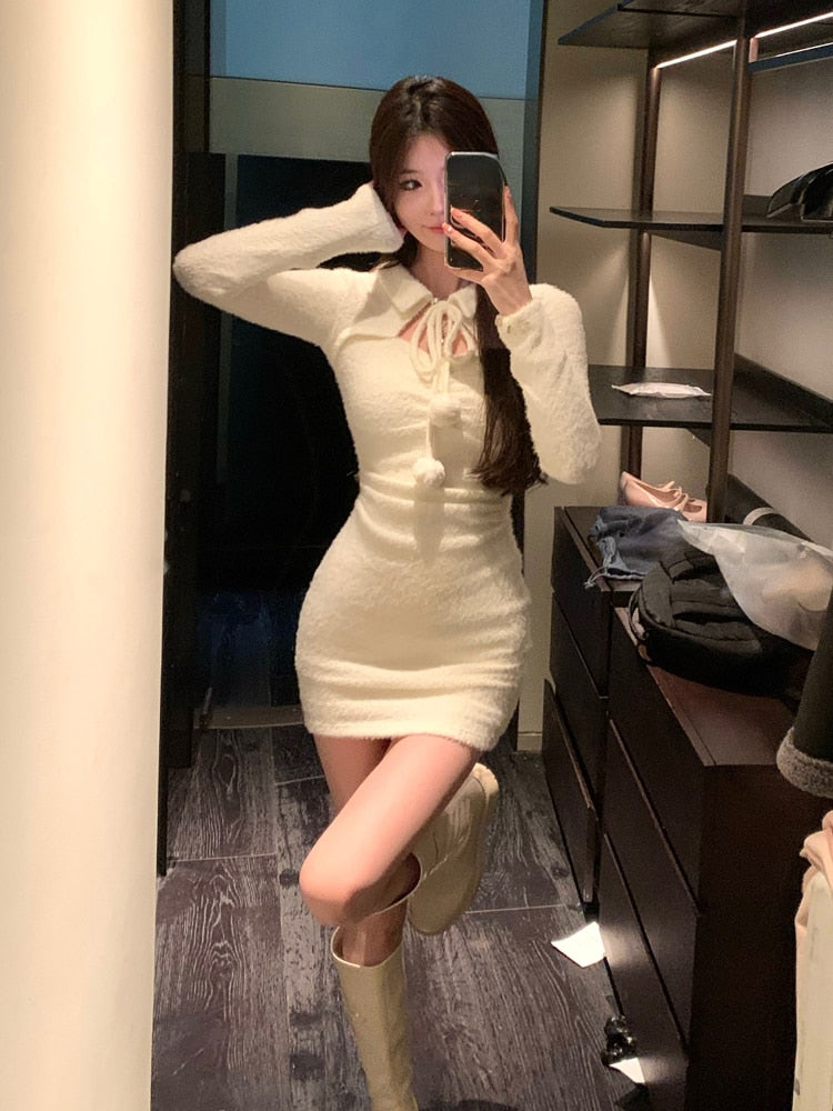 Yipinpay Color Short Party Dress Elegant Bodycon Knitted Mini Dress Woman 2023 Spring One Piece Dress Korean Fashion Slim Design
