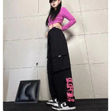 Yipinpay Street Hip-Hop Loose Casual Dancing Sports Pants Retro Multi-Pocket Black Rose Pink Printed Overalls Trousers Female