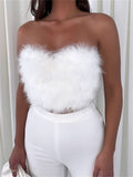 Yipinpay Feather Tank Crop Tops Chic Summer Women Strapless Off Shoulder Tube Vest Solid Backless Bustiers Streetwear 2023