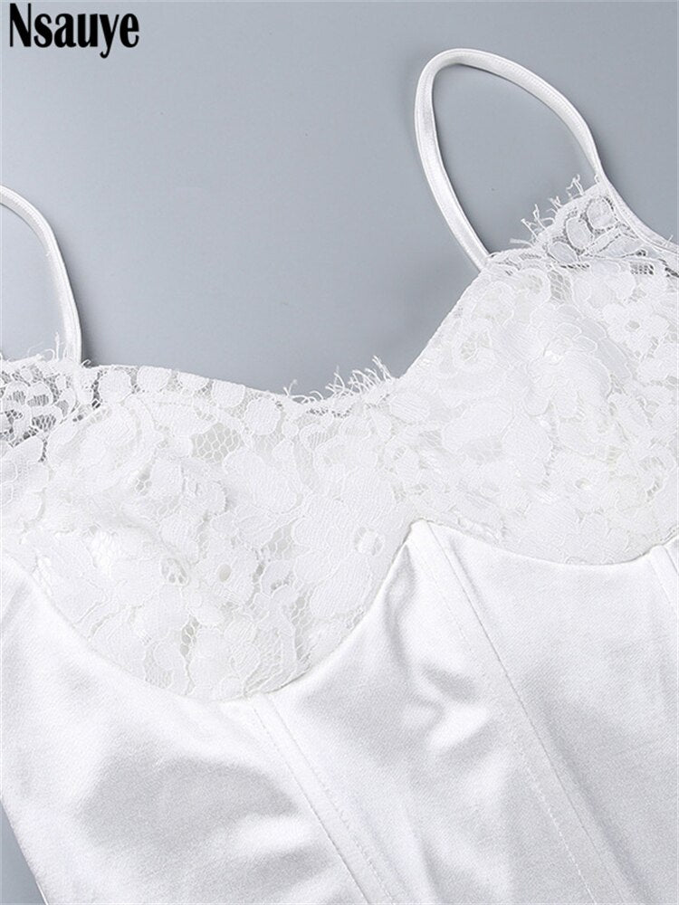 yipinpay Women Lace Satin Spaghetti Strap White Corset Mini Dress Evening Party Club Elegant Sleeveless Dresses Summer 2023