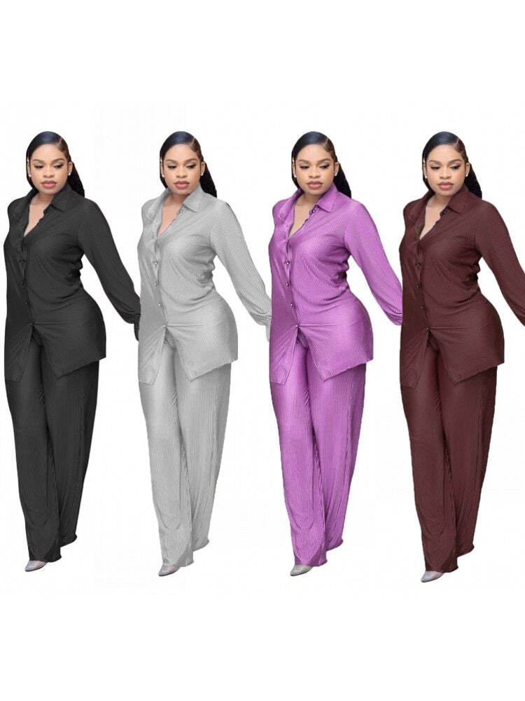 Yipinpay Solid Suit Two Pieces Outfits Office Lady Long Sleeve Lapel Jacket Coat Suits 2023 Women Casual Wide Leg Trousers Set