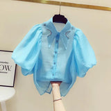 Yipinpay Collar Hong Kong Style Diamond Lantern Sleeve Blouse Women White Shirts Camisas Casual Top Blusas Puff Short Sleeve Shirt