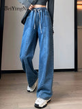 yipinpay Korean Fashion Wide Leg Jeans Women Elastic Waist Drawstring Casual Loose BF Baggy Pants Female Y2K Cowboys Jeans 6XL