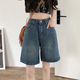 Yipinpay Baggy Shorts Pants Women Summer 2023 Vintage Blue Wide Leg Denim Short Korean Fashion Casual Female Knee Length Jeans Mujer