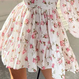 Yipinpay Fashion Womens Floral Print Mini Dress Summer Long Sleeve Deep V Neck High Waist A-Line Dress Street Style Hot Sale S-XL