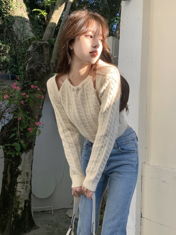 Yipinpay Knitted Sweater Women Korean Fashion Fake Two Pullover Office Lady 2023 Autumn Elegant Long Sleeve Crop Tops Pure Color