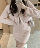 Yipinpay Notched Tweed Jacket Pink Blazer Mini Plaid Skirt Two Piece Sets Womens Outifits 2023 Autumn Winter Clothes Suits
