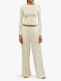 Yipinpay Women Y2K 2 Pieces Pajama Set Long Sleeve Crop Tops + Elastic Wide Leg Pants for Loungewear Aesthetic Soft Sleepwear