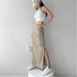 Yipinpay Streetwear Cargo Skirts Women Spring Autumn New Slim Side Split Folds Long Skirt Female
