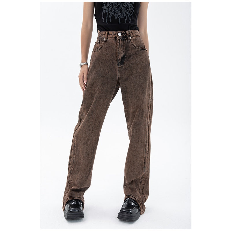 yipinpay Womans Jeans High Waist Denim Trouser Baggy Streetwear Arc Design Ladies Autumn Vintage Wide Leg Straight Loose Jean Pants