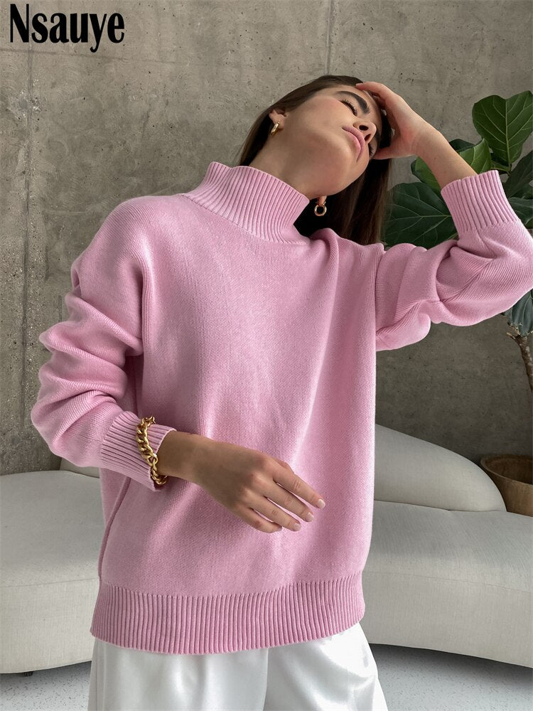 yipinpay Solid Elegant Basic Women Long Sleeve Loose Knit Sweater Outwear Winter 2023 Pullover Casual Fashion Jumper Sweater Tops