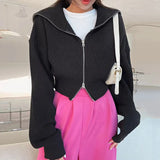 Yipinpay Lapel Double Zipper Cardigan Candy Sueters Mujer Pull Jumpers Y2k Clothes Oversized 2023 Sweaters for Women Black Fall Lazy