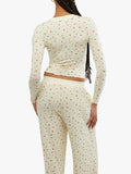 Yipinpay Women Y2K 2 Pieces Pajama Set Long Sleeve Crop Tops + Elastic Wide Leg Pants for Loungewear Aesthetic Soft Sleepwear