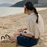 Yipinpay Mujer De Moda 2023 Cargo Office Lady Vintage Blouse Lapel Vertical Stripe Shirt Short Sleeved Loose Casual Top Y2k Grunge