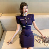Yipinpay Slim Stretch Round Short Sleeve Knitted Dress Elegant Vintage Summer Chic Contrast Pencil Hip Ropa Vestidos Mujer