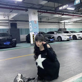 Yipinpay The Shoulder Vintage Black Star Sweater Women Loose Sexy Knitted Tops Jumper Y2k