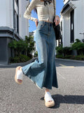 Yipinpay Casual Loose Tassel Long Women Denim Skirts Autumn Winter Vintage HIgh Waist Pocket Female Jeans Skirts