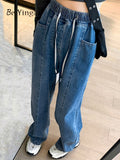 yipinpay Korean Fashion Wide Leg Jeans Women Elastic Waist Drawstring Casual Loose BF Baggy Pants Female Y2K Cowboys Jeans 6XL