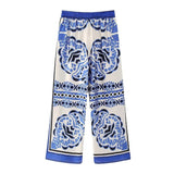 Yipinpay Women Pants Sets Blue Print Wide Leg Pants Women 2023 Mid-Waist Pyjama Woman Trousers Split Summer Casual Baggy Pants