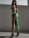 Yipinpay 2023 Summer Sexy Backless Black High Waist Women Dress Lace Sling Slit Slim Femme Long Skirt Home Casual Woman Dress