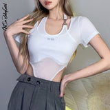 yipinpay Bodysuit Short Sleeve Bodysuit Women One Piece Outfits Streetwear Y2k 2023 Summer Clothing Solid Slim Halter Neck Bodysuit