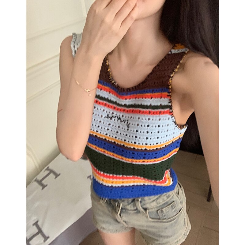 yipinpay Shirt For Women Green Sling Stripe Sleeveless Personalized Sexy Trend Fashion Y2K Chic Summer NEW Female Clothing Knit Tops
