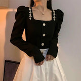 Yipinpay for Women Palace Style Puff Sleeve Waist Style Retro Square Long Sleeve Shirt Women Black Top Rhinestone T Shirt Blouse