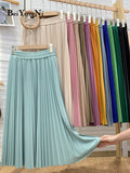 yipinpay Skirts for Womens 2023 Solid Color Kawaii Elastic High Waist Korean Fashion Midi Pleated Skirt Elegant Slim Falda Jupe