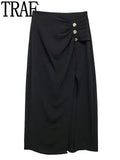 Yipinpay Black Midi Skirt Woman Golden Buttons Long Skirts For Women Fashion 2023 High Waist Slit Skirt Elegant Women's Skirts