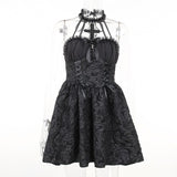 Yipinpay Goth Mall Gothic Emo Jacquard A-line Dresses Elegant Grunge Ruched Bandage Partywear Punk Black Women Halloween Club Dress