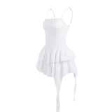 Yipinpay Spaghetti Strap Low Cut Pleated Mini Dress Women Backless Slim Fit Casual White Robe 2023 Spring Fall Fairy Grunge Clothes