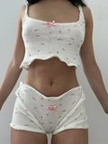 Yipinpay Women's Y2K Vintage 2 Piece Lounge Set White Sweet Pea Print Sleeveless Cami Tops + Low Waist Shorts Sleepwear Sets