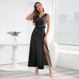 Yipinpay Summer Sleeveless V-neck Large Size Slim Temperament Shiny Dress Banquet Party Slit Long Dress