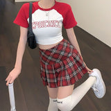 Yipinpay Preppy Plaid Pleated Skirt Red Women Summer 2023 Vintage Korean Style High Waist Patchwork A-line Mini Skirt Harajuku