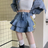 Yipinpay Vintage Denim Mini Skirt Ruffle Women Summer Korean Fashion Sexy High Waist Patchwork Jeans Skirt Casual Streetwear