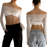 Yipinpay Knit Tops Sexy See Through Off The Shoulder Ruched Bodycon Crop Top for Women Fashion Long Sleeve T-Shirts White