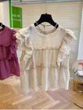 Yipinpay for Women Ruffled Fly Sleeve Round Neck Summer Sweet Doll Shirt Loose Niche Sleeveless Top Blusas White Shirt Blouses