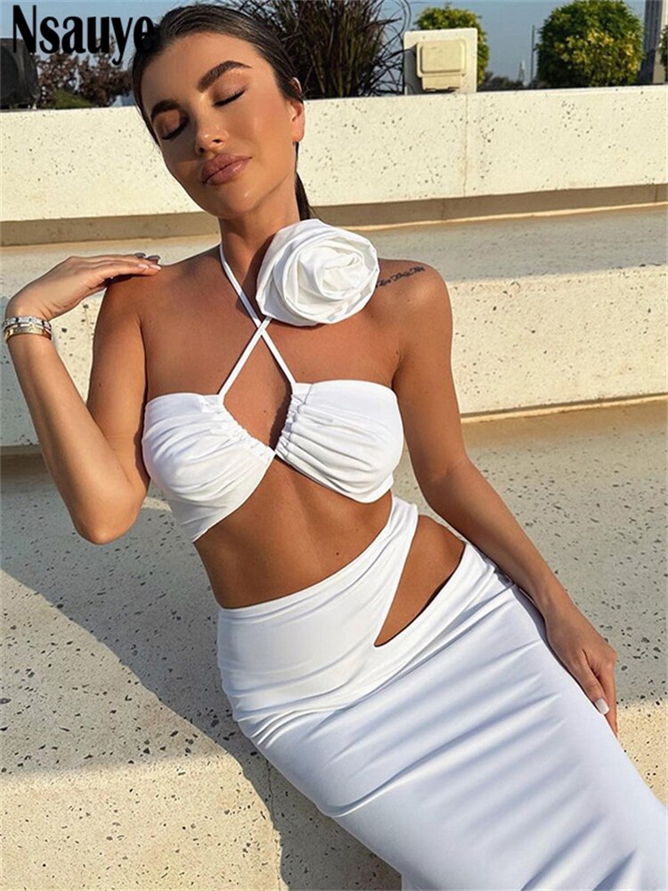 yipinpay Summer Casual Beach Women Sexy Club Skirt Suit Hollow Out Skinny Halter Crop Tops And Long Wrap Skirt Two Piece Set 2023