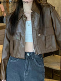 Yipinpay Cropped Leather Jacket Women Streetwear Moto Biker Zipper Leather Jacket Winter Punk Vintage Casual Blazer Leather Coat