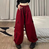 Yipinpay Pockets Cargo Pants for Women Straight Oversize Pants Harajuku Vintage 90S Aesthetic Low Waist Trousers Wide Leg Baggy Jeans