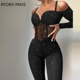 Yipinpay Women Glitter Deep V Neck Spaghetti Straps Design Bodycon Lace Patch Bright Line Deco Skinny Jumpsuit Sexy Dancing Jumpsuit