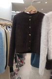 Yipinpay Cashmere Knitted Cardigan Coat Korean Fashion Solid O Neck Short Blue Mohair Sweater Wild Fleece Tops Soft New Fall